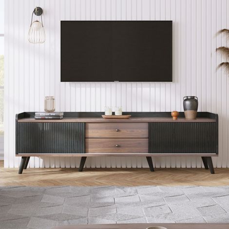 Meuble tv 160x60, deux tiroirs et portes coulissantes design noir et bois naturel meuble tv avec rangement (1/5)