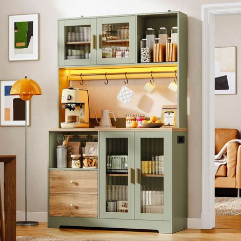 Armoire de Cuisine 178 cm avec LED et Prise, Meuble Haut Vitrine en Verre Trempé, Casier à Vin, Vert et Aspect Bois (1/5)