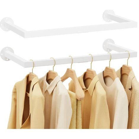 Tringle à Vêtements Murale Industriel, 64cm Métal Portant à Vêtements Industriel en Tuyaux, Barre Amovible Robuste, pour Chambre à Coucher, Deux Bases, Blanc, 2-Pack (1/5)
