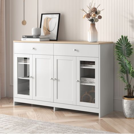 Sideboard en MDF blanc et coloris bois 120x37x80 cm, 4 portes, 2 tiroirs, étagères réglables (1/5)