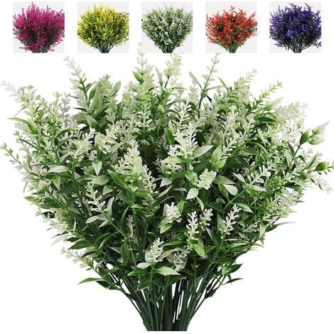 LangRay Künstliche Pflanze Lavendel, 8 Anti-Ultraviolette Blumensträuße im Freien Grüne Blätter Gefälschte Sträucher Simulation Innen- und Außenpflanzen Blumentöpfe Hängende Hausgartendekoration (Weiß (1/5)
