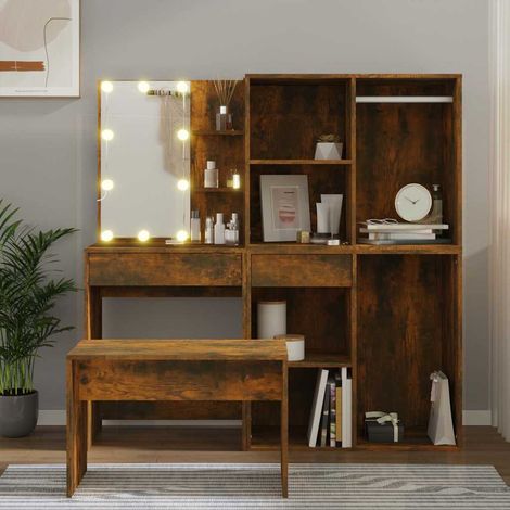 Ensemble coiffeuse avec miroir LED 4 pièces, tabouret, bois d’ingénierie, chêne fumé - PANGIVO (1/5)