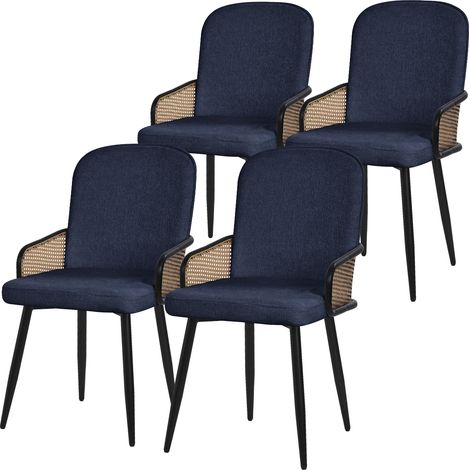 ML-Design Set di 4 Sedie da Sala Pranzo Blu Scuro con Rivestimento in Tessuto, Gambe in Metallo, con Braccioli Effetto Rattan, Poltrona Imbottita, Poltroncina Ergonomica da Soggiorno e Cucina