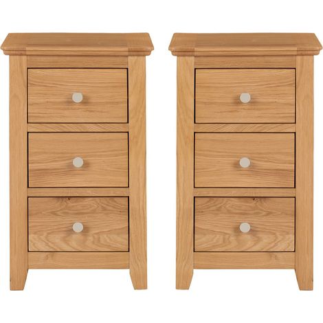 Hallowood Furniture Hereford Oak 3 Drawer Bedside Tables Set of 2, Solid Wooden Slim Bedside Cabinets, Pre-Assembled Side Table, Small and Narrow Chest of Drawers for Bedroom or Living Room (1/5)