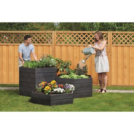 Garantia – Carré potager modulable en plastique traité anti-U.V. – 6 parois et systèmes de fixation – Surface imitation bois – Montage sans outils