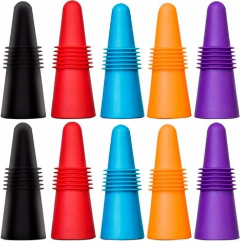10 Stück Weinverschlüsse, wiederverwendbare Silikon-Getränkeflaschenverschlüsse mit Korken, um den Wein frisch zu halten - Rot, Blau, Orange, Lila, Schwarz (1/5)