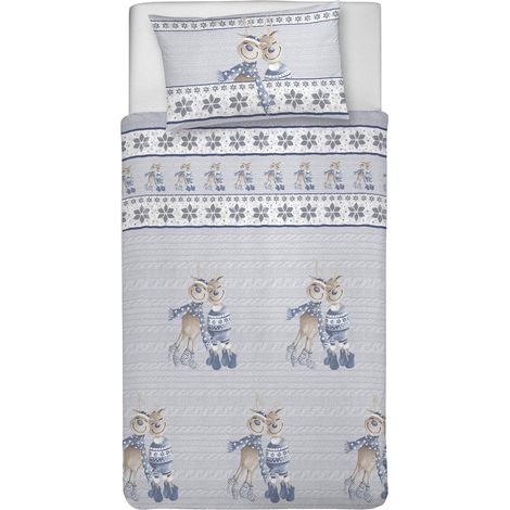 Parure de lit Simple 100% Coton, avec Sac 155 x 200 cm et 1 taie d'oreiller 52 x 82 cm, fabriquée en Italie, Housse de Couette Lavable en Machine à 40 °, Fantaisie Renne Bleue (1/2)