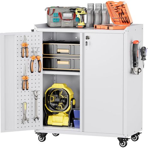 Armoire à outils en métal avec roulettes et plateau à chevilles, 87 x 66 x 35 cm, armoire de rangement de garage avec serrure, portes et étagère avec 4 crochets pour garage, maison, atelier (1/5)