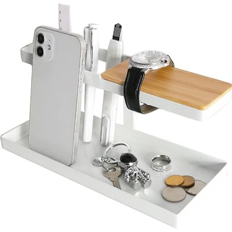 Étagère de bureau multifonctionnelle à 2 niveaux en fer forgé blanc pour clés, télécommandes, téléphones et lunettes (1/5)