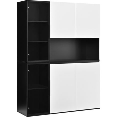 Vitrina alta de MDF blanco y negro con elementos de vidrio y luces LED integradas (1/5)