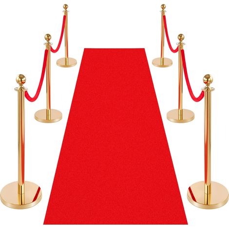 Poteau de Guidage 6PCs, Potelet Guide-file avec 4 Cordes en Velours et Tapis Rouge, pour Contrôle de Foules Théâtre Fête Mariage Exposition, Poteau de Balisage en Inox Doré avec Base Creuse (1/5)
