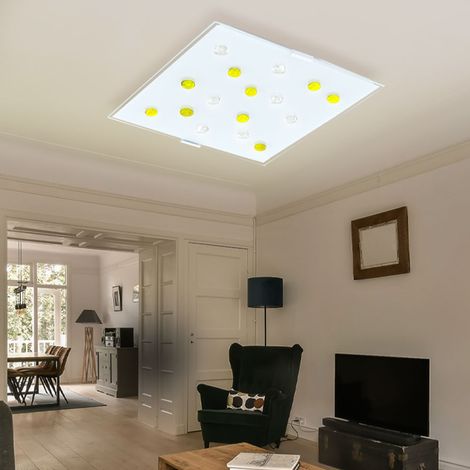 Deckenlampe Deckenleuchte Wohnzimmerlampe Schlafzimmerleuchte Flurlampe, 2 Flammig Stahl Glasschirm satiniert gelb, E14 Fassungen, LxBxH 29x29x7,5cm