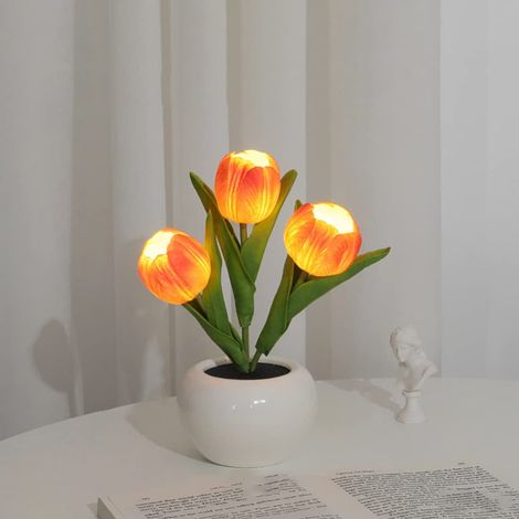 Lampe tulipe, lampe de table LED, fleur artificielle, petite veilleuse avec vase en céramique pour la maison, le salon, la décoration (orange) (1/5)