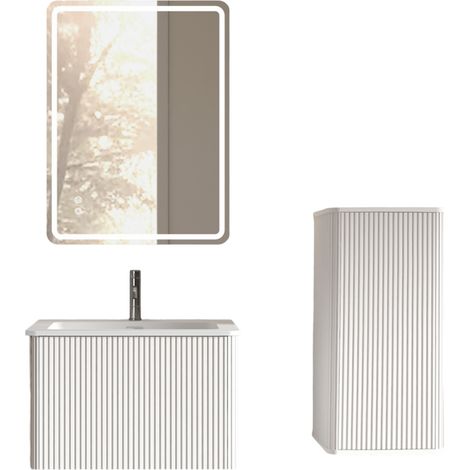 Set mobili bagno bianco con specchio LED e lavabo 60 cm, mobile sospeso e colonna laterale (1/5)