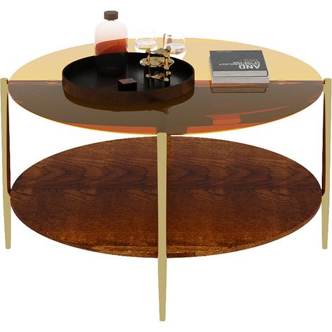 Table basse de salon moderne et minimaliste, avec un plateau rond en verre doré combiné à une couche inférieure en bois, belle et pratique. (1/5)