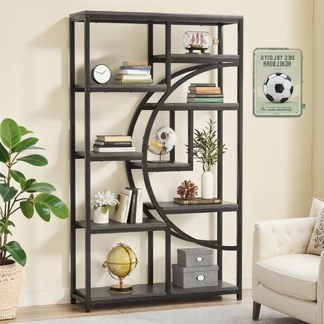 Industrielles Bücherregal mit 5 Ebenen, hohes, freistehendes Bücherregal mit 9 offenen Ablagefächern für das Wohnzimmer, Höhe: 180 cm, Schwarz