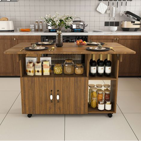 Mobiler Klapp-Esstisch 110x70x80 cm aus MDF in Nussbaumoptik mit 5 Regalen und 5 Rollen OKWISH (1/5)