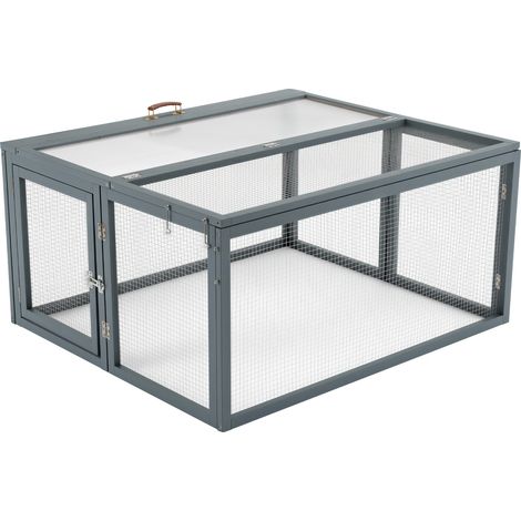 Wiltec Clapier pliable gris 109 x 93 x 54 cm, clapier en bois de sapin avec grillage métallique, enclos pour petits animaux avec poignée de transport (1/5)
