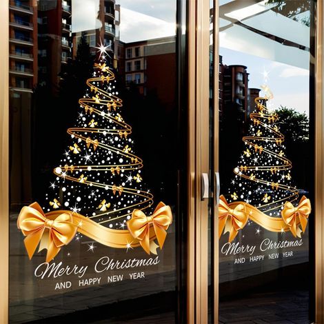 Juego de 2 adhesivos grandes dorados para árbol de Navidad, 65x45cm Adhesivos estáticos para árbol de Navidad, decoración navideña de paredes, ventanas, puertas y escaparates (1/5)