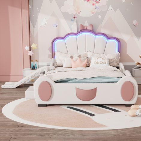 Lit simple capitonné 90x200cm, avec bande lumineuse LED à couleurs changeantes, toboggan, échelle, tête de lit papillon, simili cuir, lit simple de style contemporain, Blanc (1/5)