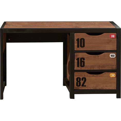 TCHAD - Bureau 3 Tiroirs en Pin Massif avec Motifs (1/3)