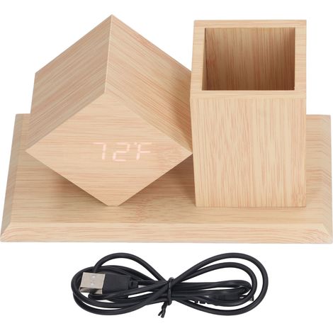 Support téléphone USB/pile Horloge numérique bois LED HD commande vocale avec thermomètre réveil (1/5)