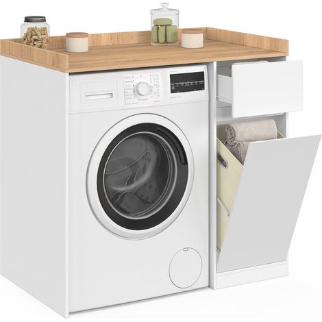 Meuble armoire pour machine à laver avec panier à linge TOMI blanc et bois façon hêtre (1/5)