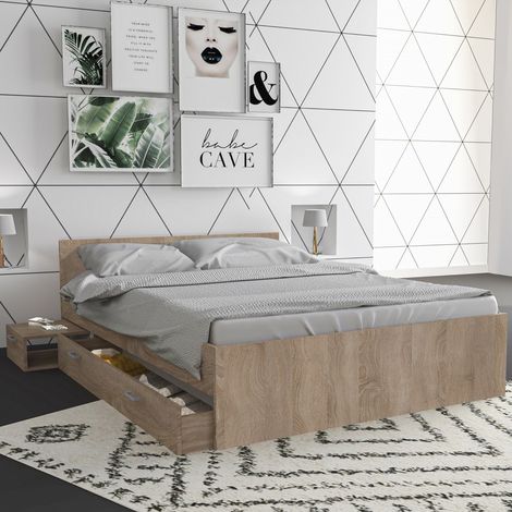 Le Quai Des Affaires – Lit avec tiroirs 140x190 cm – 1 chevet sur roulettes – Décor chêne blanchi – Dimensions 194x144x65 cm
