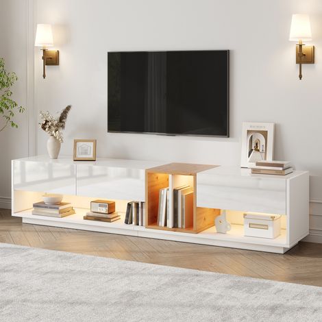 TV lowboard 190x38x42 cm fernsehschrank fürs wohnzimmer mit led beleuchtung app steuerung weiß hochglanz holzoptik modern mit türen und offenen fächern (1/5)