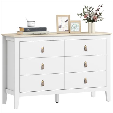 Commode 6 tiroirs chambre en panneaux de particules effet bois blanc, 120 x 40 x 78 cm (1/5)