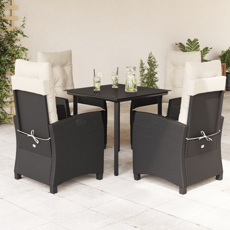 Ensemble de Jardin 5 Pièces Noir avec Coussins - Table 80x80 cm Verre Trempé, Chaises Réglables en Résine Tressée, Inclinables (1/5)
