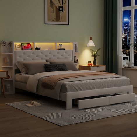 Lit 140 x 200 cm - Lit adulte - avec tiroirs - éclairage LED réglable - port USB - Sommier à lattes - velours - design moderne (1/5)