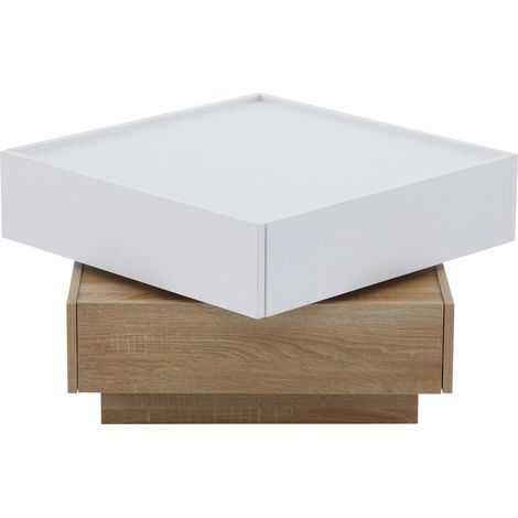 Mesa de centro funcional giratoria 360° con 2 cajones 60 x 60 x 38 cm blanco y nogal HOMVRA (1/5)