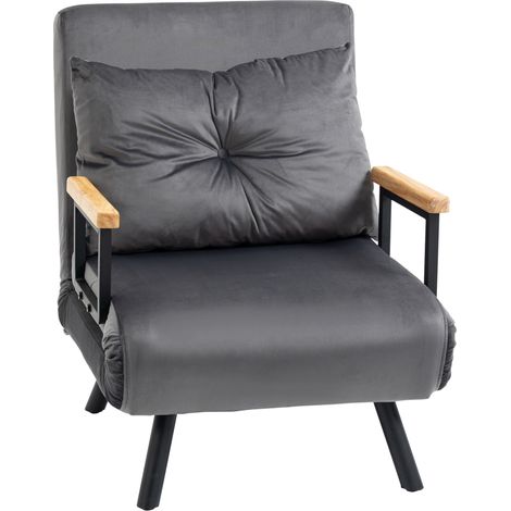 Sillón cama individual de terciopelo gris oscuro con respaldo reclinable y reposabrazos de madera (1/5)