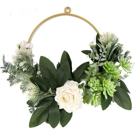 Couronne de porte printemps-été, couronne artificielle verte à feuillage, décoration murale extérieure, suspension florale avec roses artificielles pour porte d'entrée (1/5)