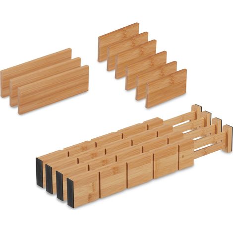 Relaxdays Pack Separadores de Cajones Ajustables, 13 Piezas Divisoras Cajoneras, Gavetas, 34 a 43,5 cm, Bambú, Natural (1/5)