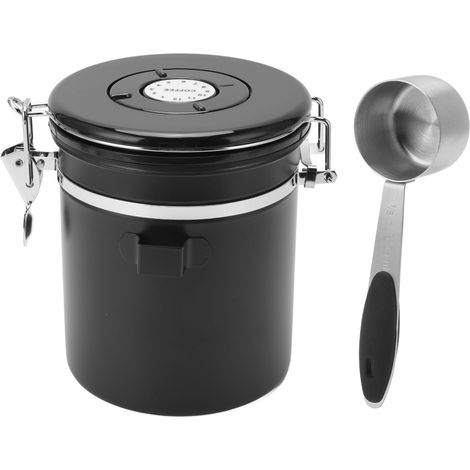 Boîte de conservation pour grains de café en acier inoxydable, hermétique, avec cuillère doseuse de 30 ml et fonction de suivi de la date. Capacité : 1,5 L, couleur noire. (1/5)