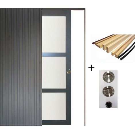 Porte Coulissante Blakeria Gris Anthr Vitrée H204 X L83 Cm, Galandage, Kit Finition (coquille Et Tire Doigt) Gd Menuiseries