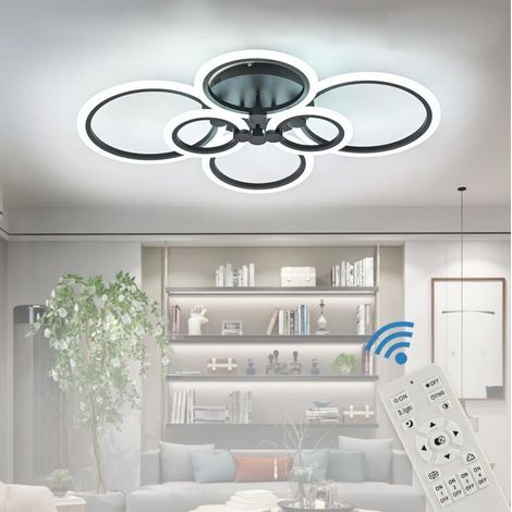 Plafonnier LED moderne à intensité variable, plafonnier encastré à 6 anneaux, abat-jour en acrylique, télécommande, lustre LED noir pour maison, bureau, chambre à coucher (1/4)