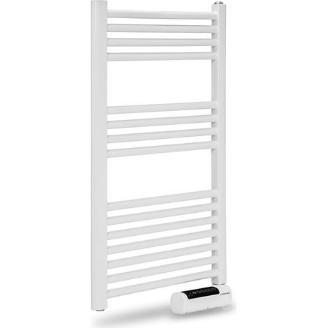 Chauffe-serviettes électrique 500 S – 500 W, montage mural, design tube plat en blanc, fonctionnement silencieux, IPX4, idéal pour la salle de bain et les WC d’invités (1/5)