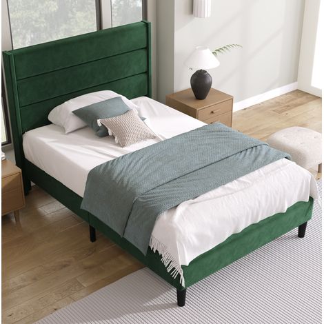 Cama tapizada 90x200 cm con somier, cabecero y colchón H3 de 7 zonas, terciopelo verde oscuro (1/5)