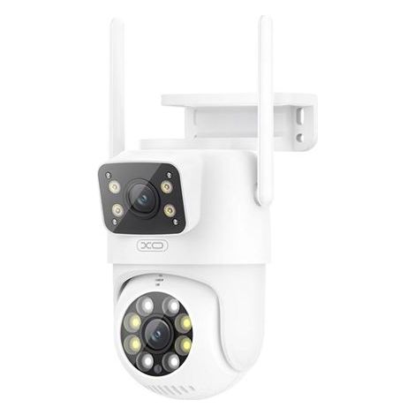 XO DualVision Pro - Cámara de seguridad inteligente de doble lente con visión nocturna 1080p CR06 Monitoreo panorámico de 360°, detección de movimiento IP66 impermeable, blanco