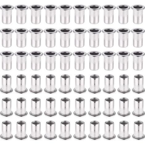Lot de 60 écrous à sertir M6 en acier inoxydable 304 – Tête plate – Filetage interne profond pour bois dur – Résistants à la rouille (1/4)