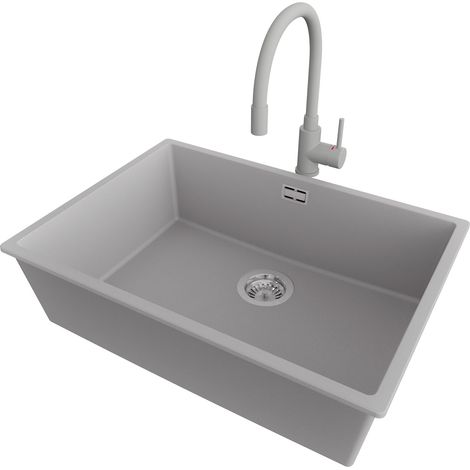 PRIMAGRAN Evier Cuisine en Granit 66x47cm,Lavabo 1 bac + Robinet 38x14cm + Kit de Vidage, Évier à Encastrer au meuble 70cm - London Slim, Gris (1/5)