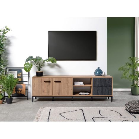 Meuble TV avec Pieds, 2 Portes, Étagère, 2 Tiroirs, Meuble de Télévision Industriel, Noir et Chêne Gold, 55x180x40cm, Module de Salon, Moderne, modèle Paris (1/5)