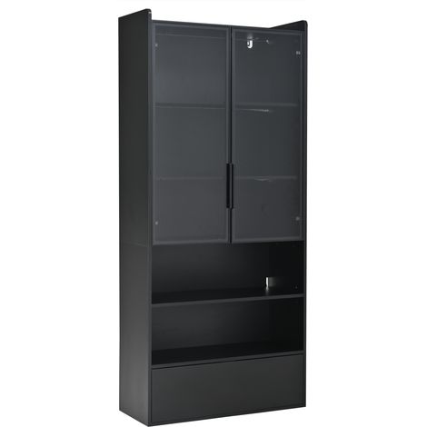 Vitrine 8034180 cm, meuble haut avec 1 tiroir et portes vitrées, vitrine en verre haute avec LED et compartiment ouvert, étagère sur pied, meuble vitrine pour salon avec portes vitrées, noir (1/5)