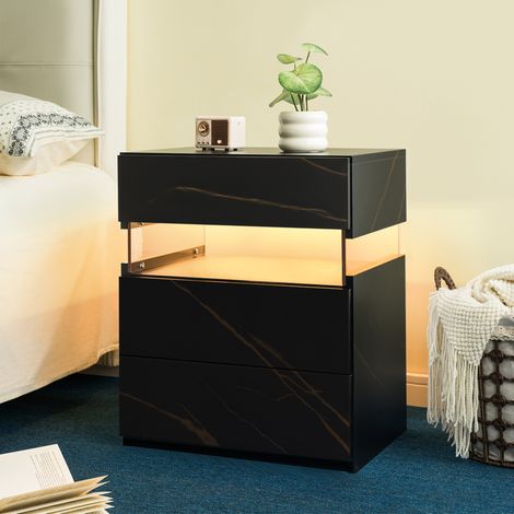 MEUBLIV Mesita de noche LED 48 x 38 x 61 cm negro y dorado – 3 cajones, madera de ingeniería (1/5)