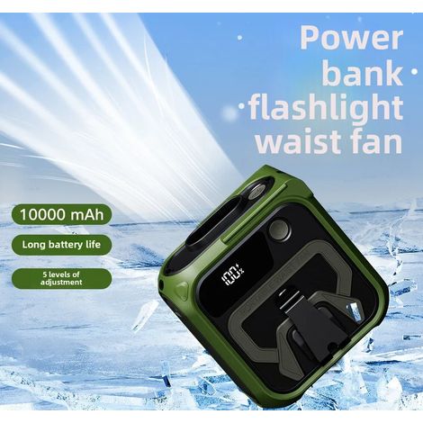 (Vert) Ventilateur de taille portable, rechargeable, rafraîchissant, avec lumière, adapté aux voyages de camping. (1/5)