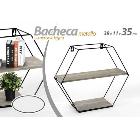 Kaela - Bacheca Porta Oggetti Metallo Esagonale Parete 2 Mensole Legno 38x11x35cm 751998 - (1/2)