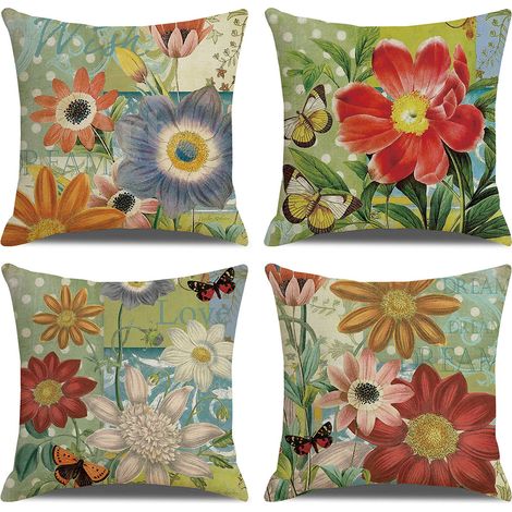 Lot de 4 Housses de coussin, Motifs floraux, Tissu polyester, Fermeture éclair invisible, Pour salon et extérieur (1/5)
